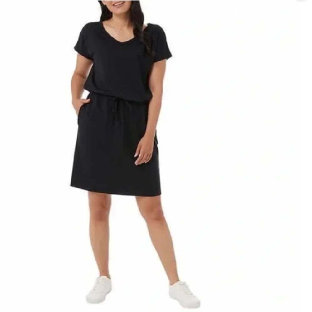 32 Degrees Cool Ladies V-Neck Soft Lux Dress Drawstring Waist Black Sz Small
